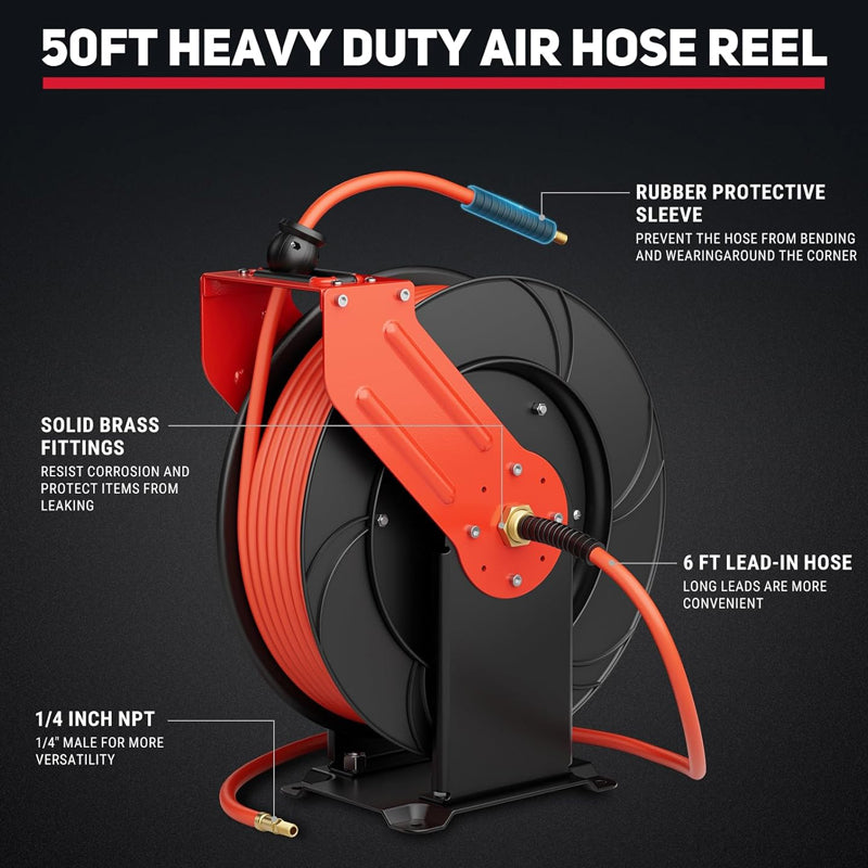 3/8" × 50' Retractable Air Hose Reel Max 300PSI Air Hose Reel Ceiling/Wall Mount Air Compressor Reel