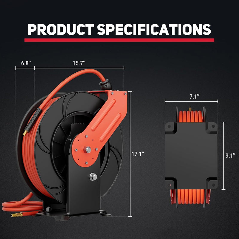 3/8" × 50' Retractable Air Hose Reel Max 300PSI Air Hose Reel Ceiling/Wall Mount Air Compressor Reel