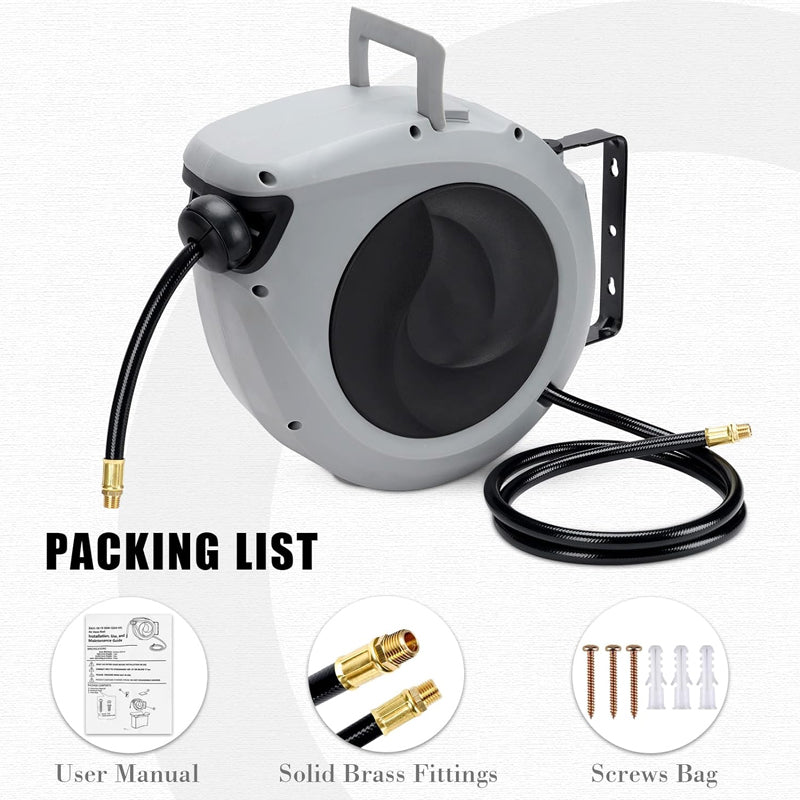 3/8" × 50' Air Hose Reel Retractable Hybrid Air Hose Heavy Duty 180° Swivel Mount Max 300PSI