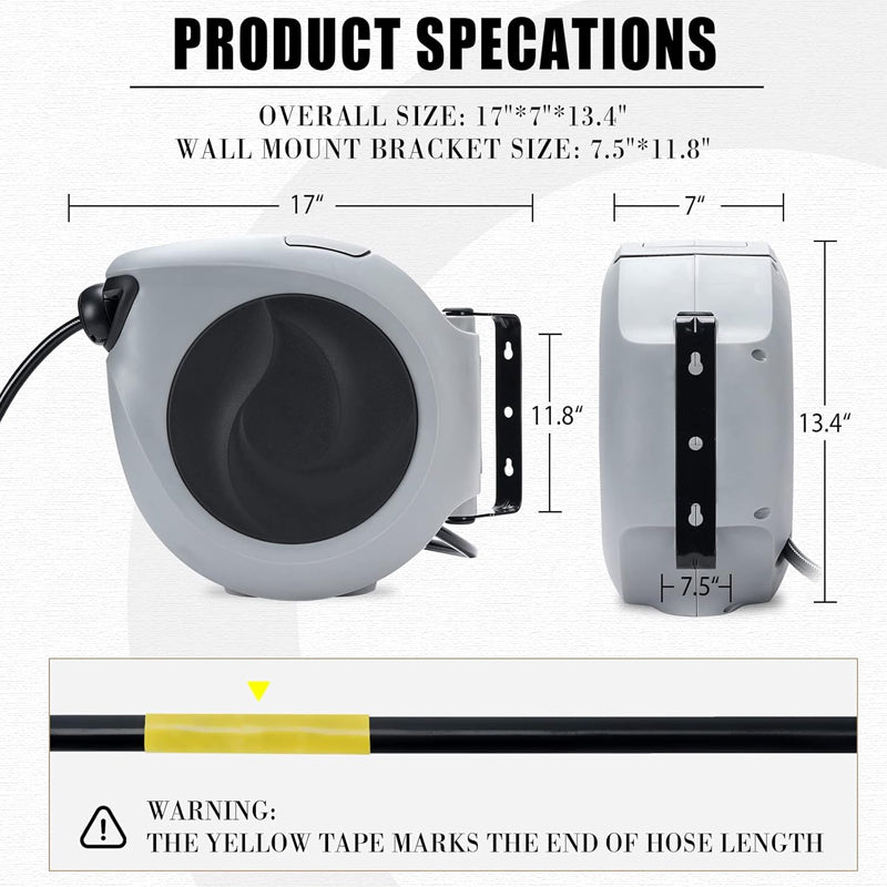 3/8" × 50' Air Hose Reel Retractable Hybrid Air Hose Heavy Duty 180° Swivel Mount Max 300PSI