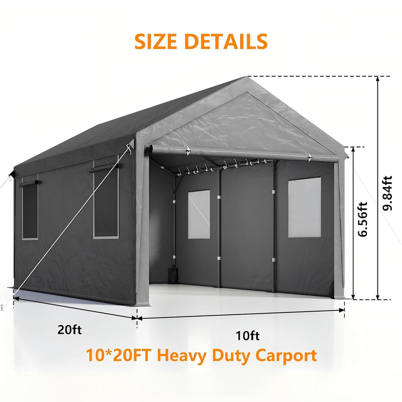 Heavy Duty Carport 10' × 20' Garage Shelter with Removable Sidewalls & Doors Car Canopy