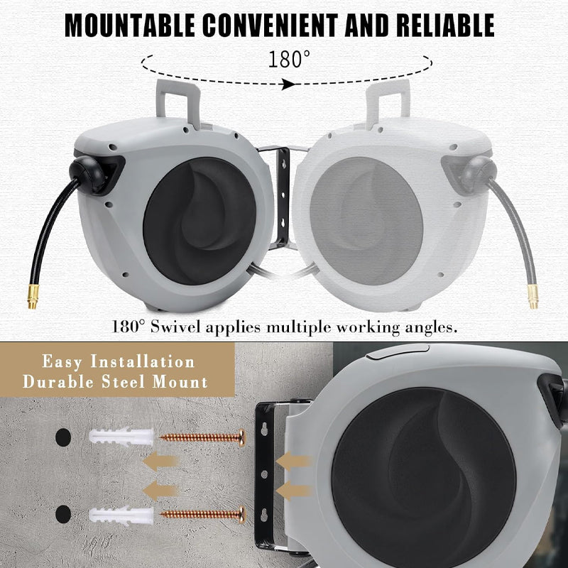 3/8" × 50' Air Hose Reel Retractable Hybrid Air Hose Heavy Duty 180° Swivel Mount Max 300PSI