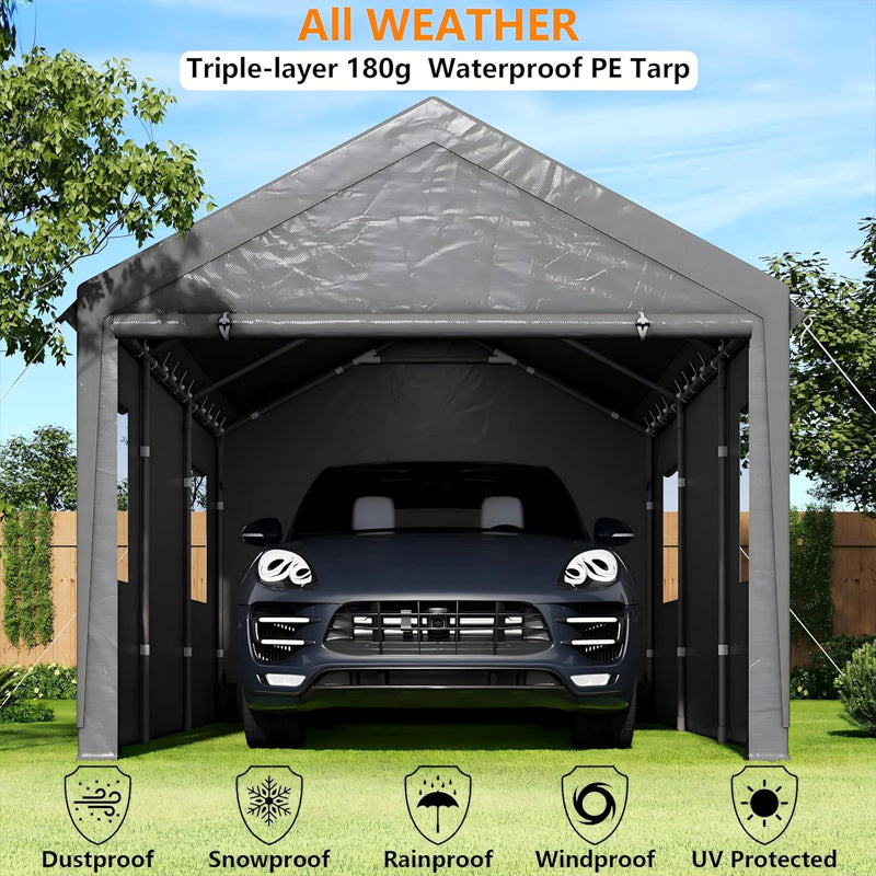 Heavy Duty Carport 10' × 20' Garage Shelter with Removable Sidewalls & Doors Car Canopy