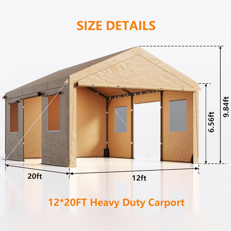 12' × 20' Carport with Roll-up Ventilated Windows Heavy Duty Car Canopy for SUV Truck Boat
