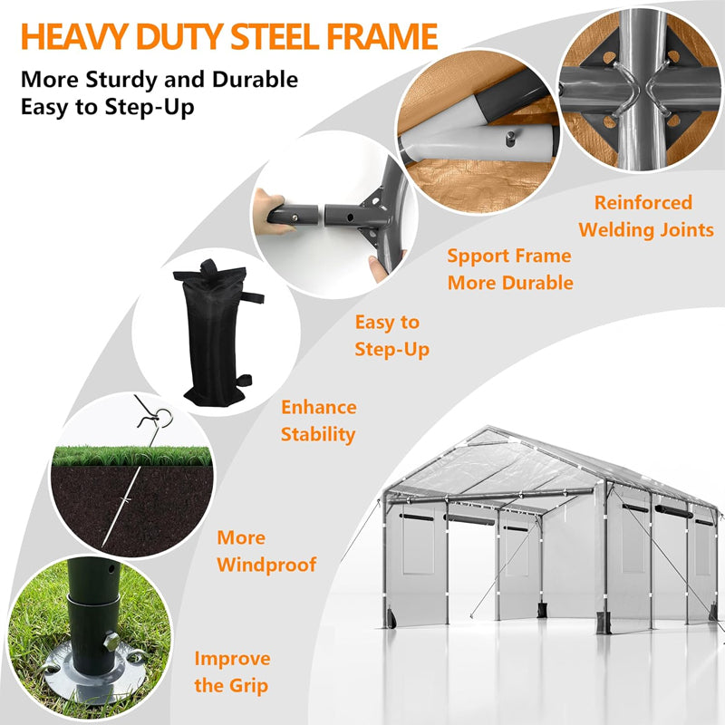 12' × 20' Carport with Roll-up Ventilated Windows Heavy Duty Car Canopy for SUV Truck Boat