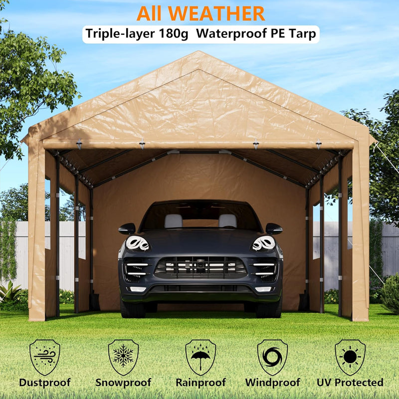12' × 20' Carport with Roll-up Ventilated Windows Heavy Duty Car Canopy for SUV Truck Boat