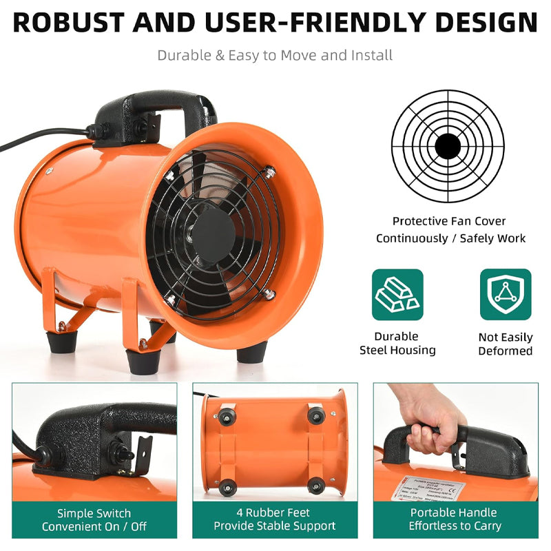 8 Inch Portable Ventilator Industrial Exhaust Fan with 16FT Ventilator Duct Hose Utility Blower