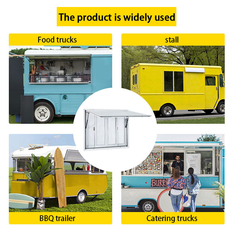 Aluminum Food Truck Service Window With 4 Horizontal Sliding Screen Windows & Awning Door & Tow Hook, Service Window For Food Truck Franchise Trailer