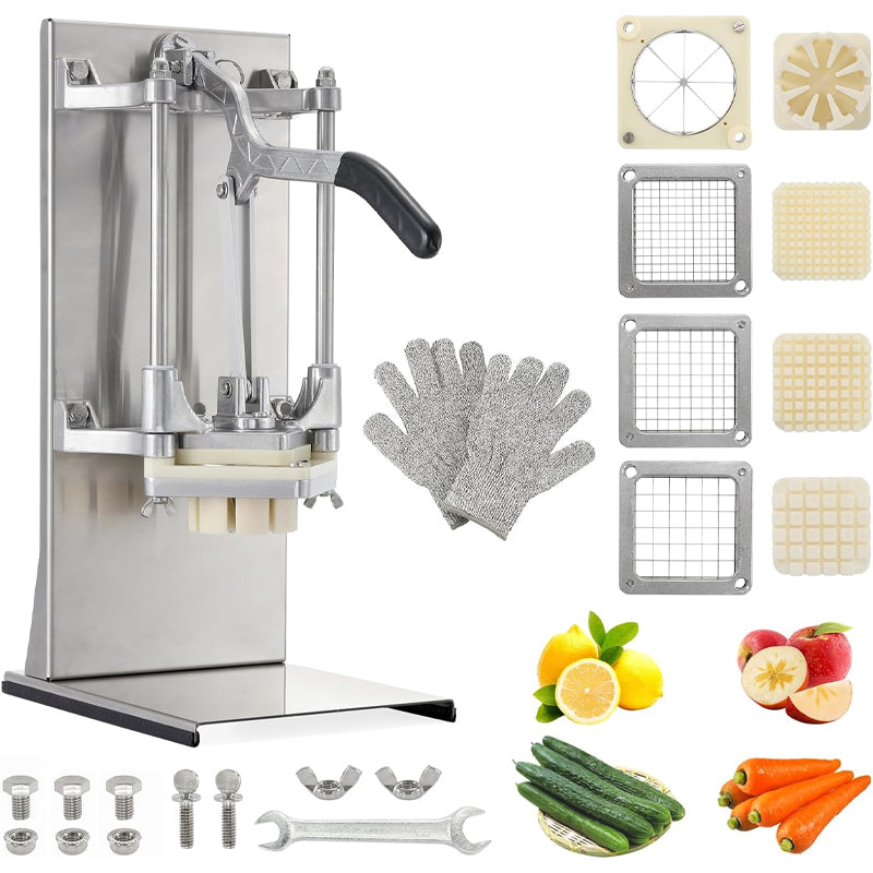 4-in-1 Commercial French Fry Cutter Slices & Chops 1/2" 3/8" 1/4" Dicer Chopper with Extended Handle