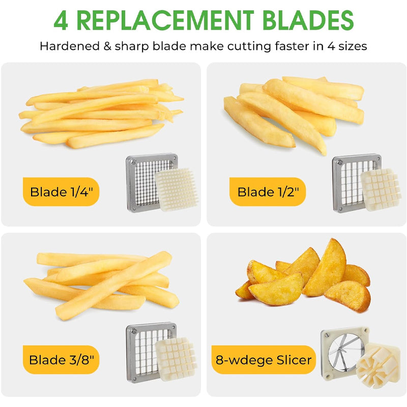 4-in-1 Commercial French Fry Cutter Slices & Chops 1/2" 3/8" 1/4" Dicer Chopper with Extended Handle