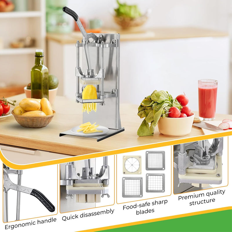 4-in-1 Commercial French Fry Cutter Slices & Chops 1/2" 3/8" 1/4" Dicer Chopper with Extended Handle