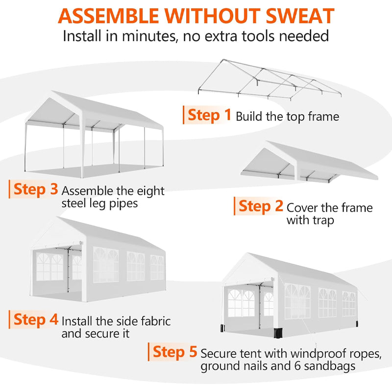 12 x 20 ft Heavy Duty Carport with 6 Roll-up Windows Car Tent Garage for Car SUV Truck Boat