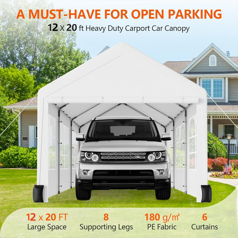12 x 20 ft Heavy Duty Carport with 6 Roll-up Windows Car Tent Garage for Car SUV Truck Boat