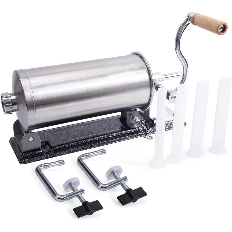 6 LBS/2.5 L Manual Sausage Stuffer Stainless Steel Horizontal Sausage Machine with 4 Tubes