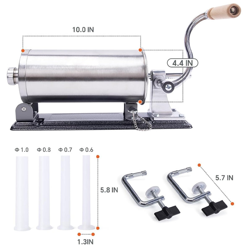 6 LBS/2.5 L Manual Sausage Stuffer Stainless Steel Horizontal Sausage Machine with 4 Tubes