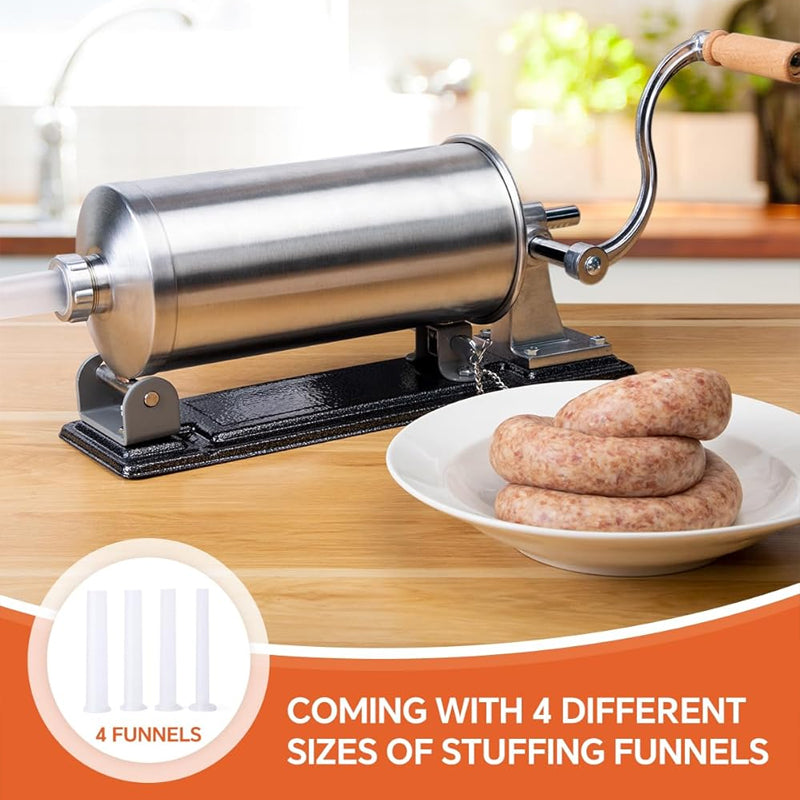 6 LBS/2.5 L Manual Sausage Stuffer Stainless Steel Horizontal Sausage Machine with 4 Tubes