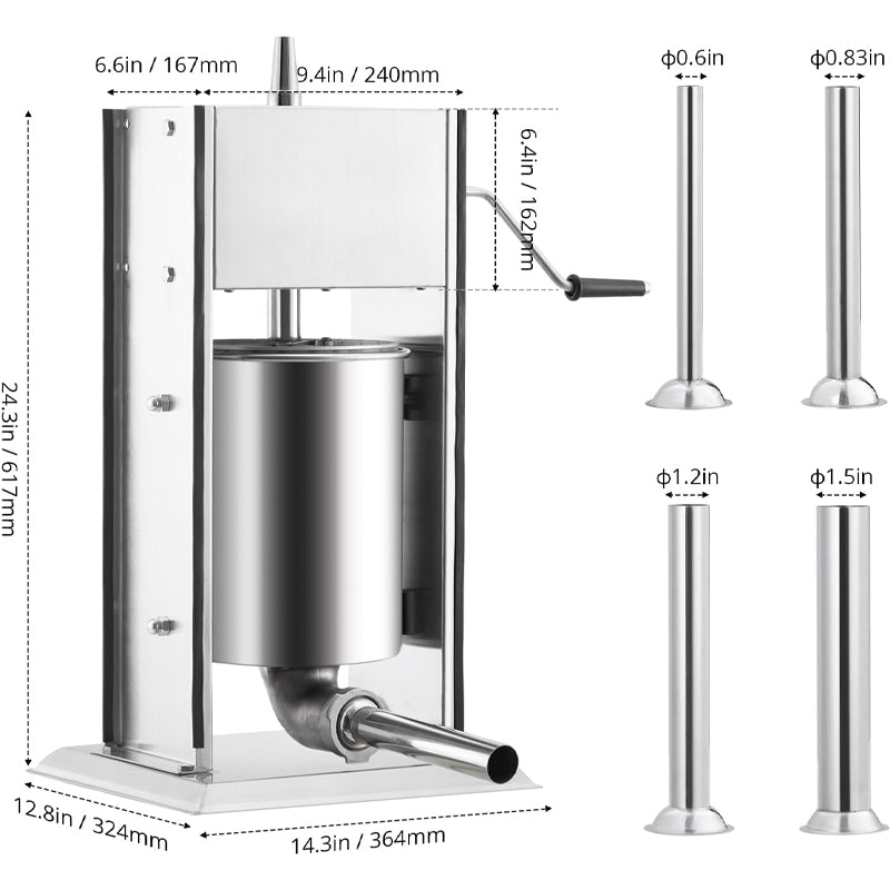 15L Manual Sausage Stuffer for Restaurants and Homes Stainless Steel Vertical Sausage Machine