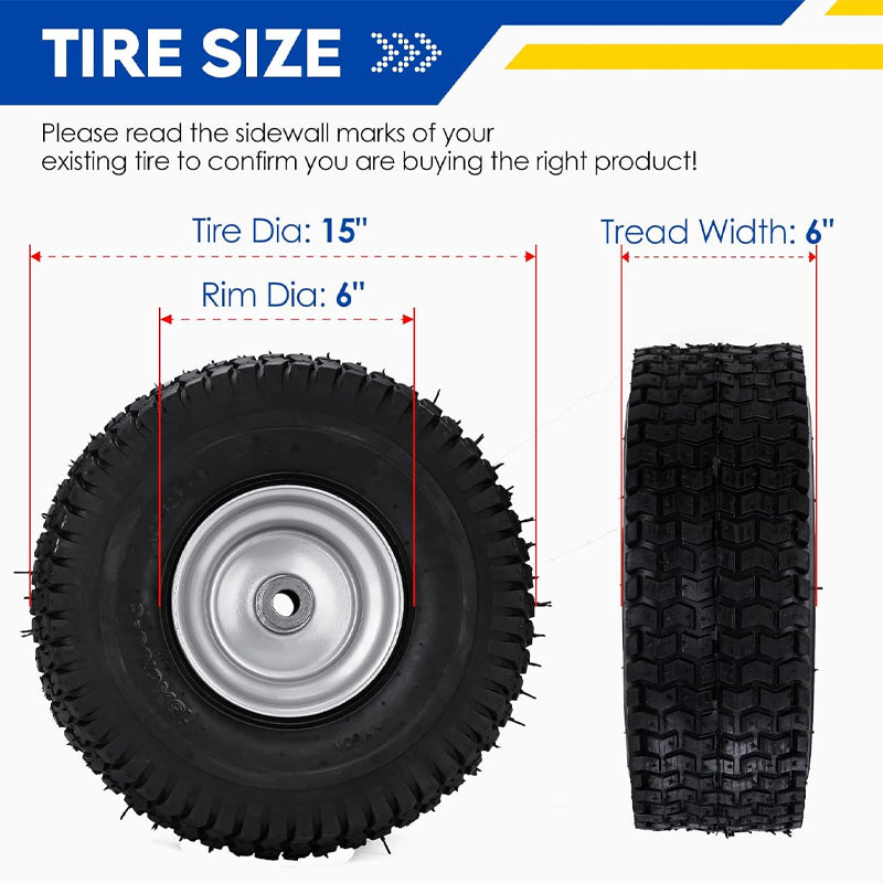 15x6-6" Lawn Mower Tires 2pcs Turf Tires 3" Centered Hub 3/4" Bushing for Riding Mowers