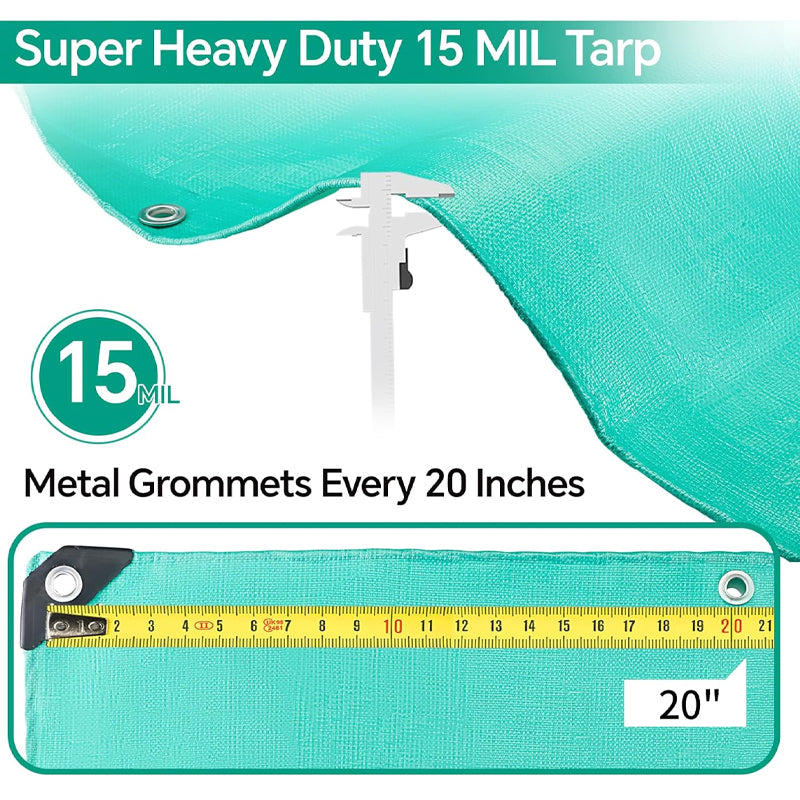 12 x 16FT Tarp Waterproof 15 Mil Green Poly Tarp UV Resistant Greenhouse Tarp for Garden Outdoor Yard