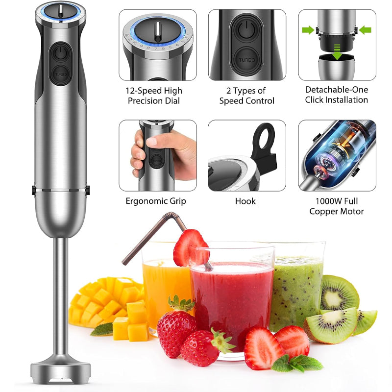 1000W Immersion Blender 12-Speed Turbo Stick Blender Stainless Steel Blade Hand Mixer