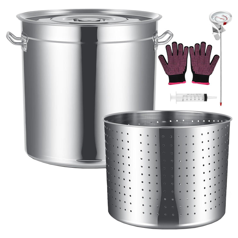 53 Qt Stainless Steel Stock Pot Boil Pot with Basket Injector Thermometer and Gloves