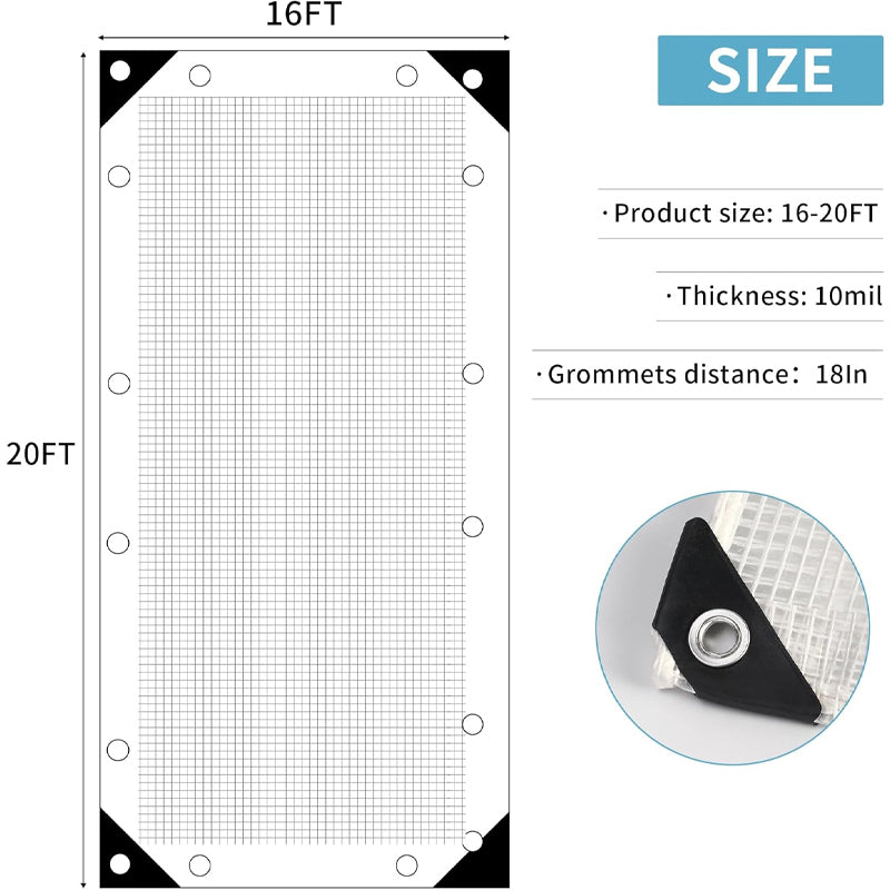 16x20 ft Heavy Duty Poly Tarp 10 Mil UV Resistant Clear Tarp Plastic Poly Tarp Cover Greenhouse Tarp