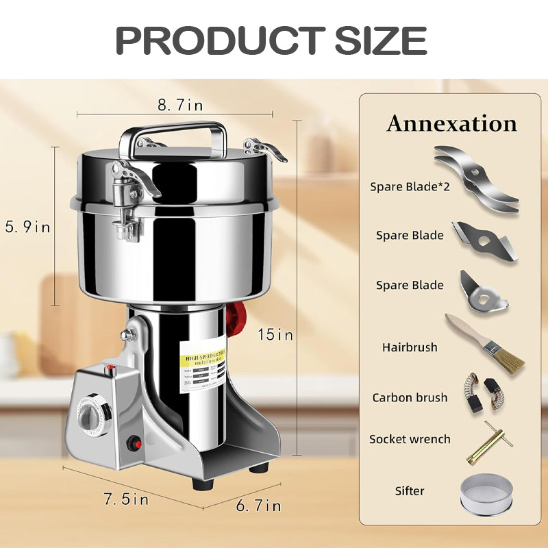 2000g Electric Grain Mill Grinder 3600W Stainless Steel Spice Grinder High-Speed Dry Grinder