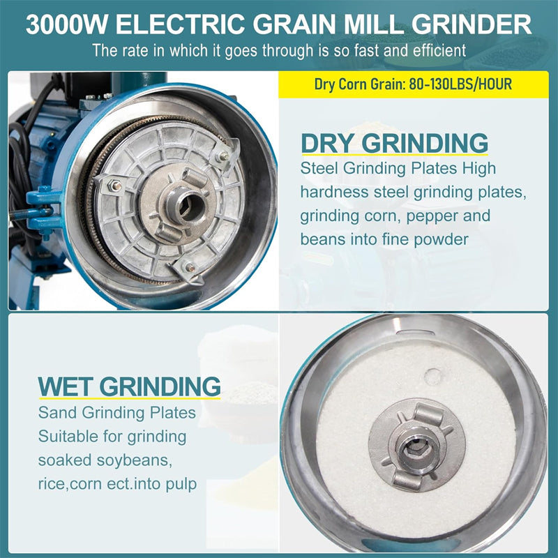 3000W 110V Electric Grain Mill Commercial Dry & Wet Grinder Grain Grinder Machine with Funnel
