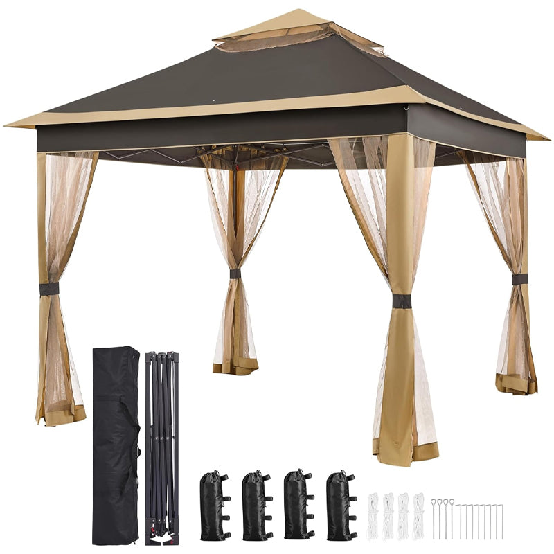 11' × 11' Outdoor Canopy Gazebo Tent with 4 Sandbags 2 Tiers Roo Mesh Netting Sun Shade Canopy