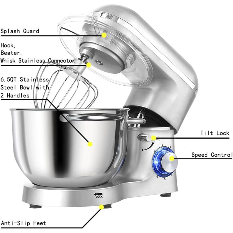660W Stand Mixer 6.5QT Kitchen Electric Mixer 6-Speed Tilt-Head Dough Mixer with Dough Hook Wire Whip Beater