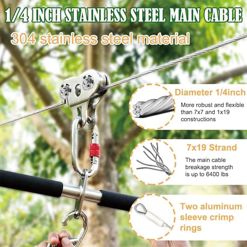 Zip Line for Kids and Adults Up to 500 lbs, Zipline Kit , Zipline Spring, Removable Zipline Pulley