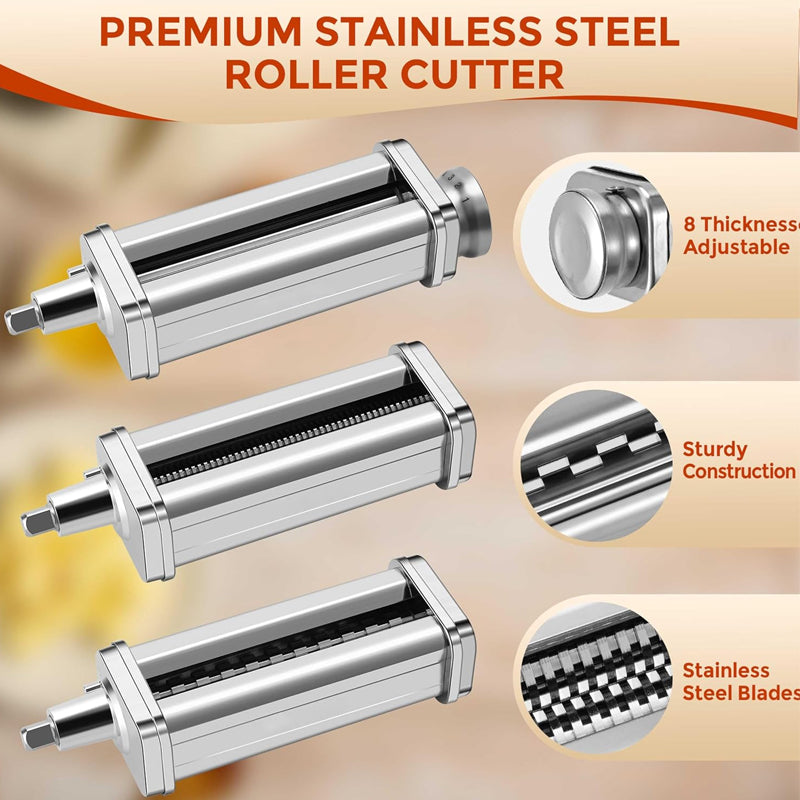 Pasta Attachment for KitchenAid Stand Mixer 3 Pcs Pasta Maker Stainless Steel Pasta Roller Cutter Set
