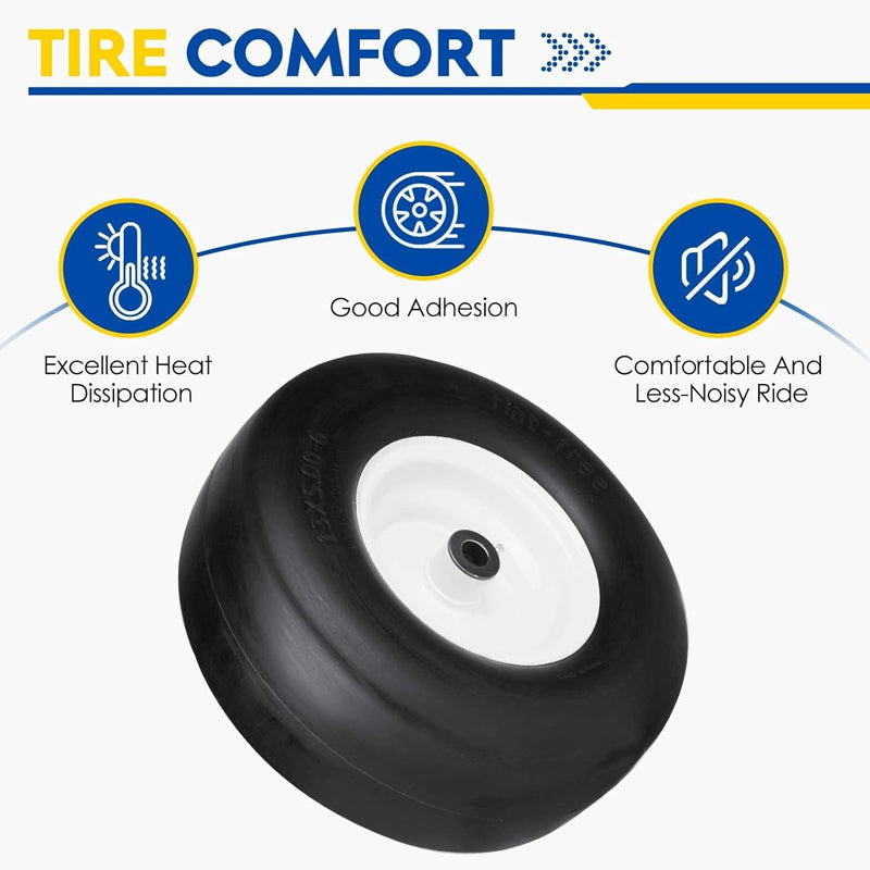 13x5-6" Flat Free Lawn Mower Tires 3.25"-5.9" Hub 2 Pack Tubeless Tractor Tires with 3/4" Greased Bushing