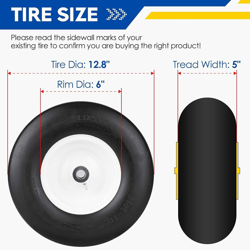 13x5-6" Flat Free Lawn Mower Tires 3.25"-5.9" Hub 2 Pack Tubeless Tractor Tires with 3/4" Greased Bushing