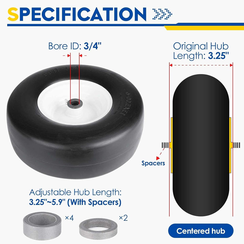 13x5-6" Flat Free Lawn Mower Tires 3.25"-5.9" Hub 2 Pack Tubeless Tractor Tires with 3/4" Greased Bushing