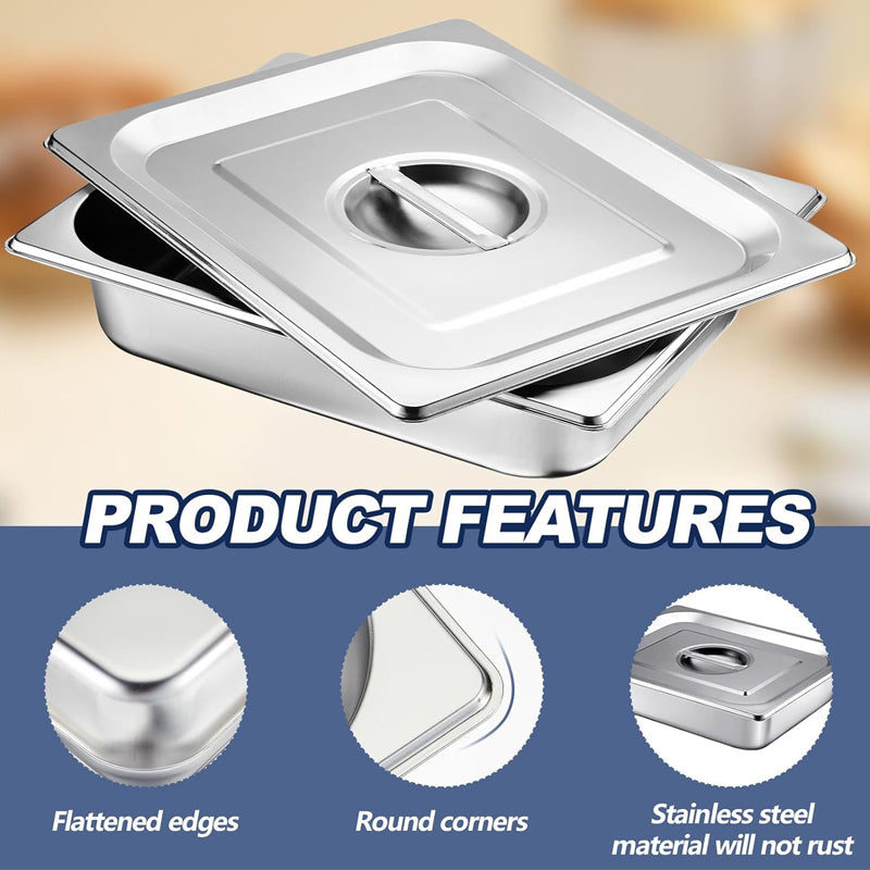 4 Inch Deep Hotel Pan with Lid Stainless Steam Table Pan 2 Pack Catering Storage Food Pan
