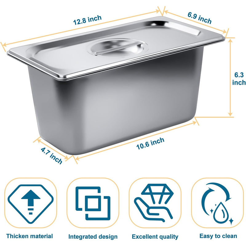 1/3 Size 6 Inch Deep Stainless Steam Hotel Pan with Lid 0.8 mm Thick for Commercial Party Restaurant Hotel