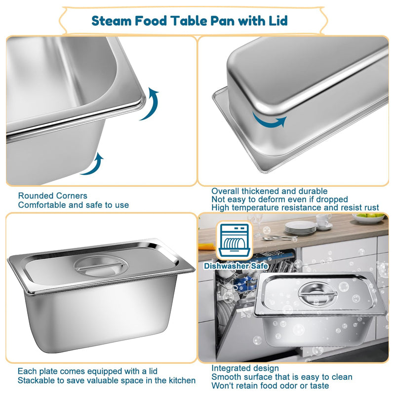1/3 Size 6 Inch Deep Stainless Steam Hotel Pan with Lid 0.8 mm Thick for Commercial Party Restaurant Hotel
