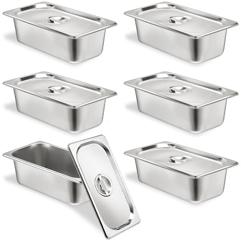 1/3 Size 4 Inch Deep Stainless Steel Hotel Pans With Lids Anti-Jam Catering Food Storage Metal Pan