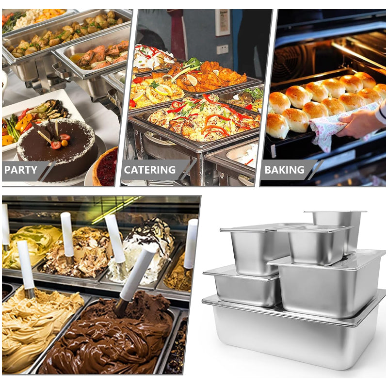 1/3 Size 4 Inch Deep Stainless Steel Hotel Pans With Lids Anti-Jam Catering Food Storage Metal Pan