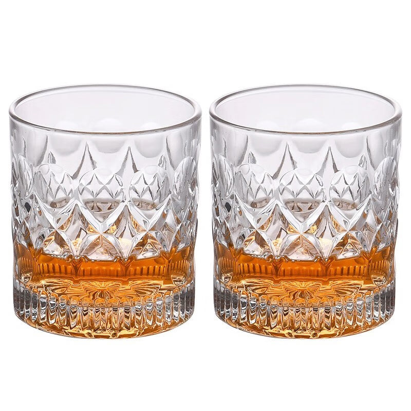 280ml Whiskey Glasses Spirits Shot Glass 2pcs Carved Style Lead-Free Glassware with Heavy Base