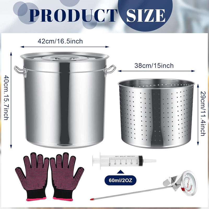 53 Qt Stainless Steel Stock Pot Boil Pot with Basket Injector Thermometer and Gloves
