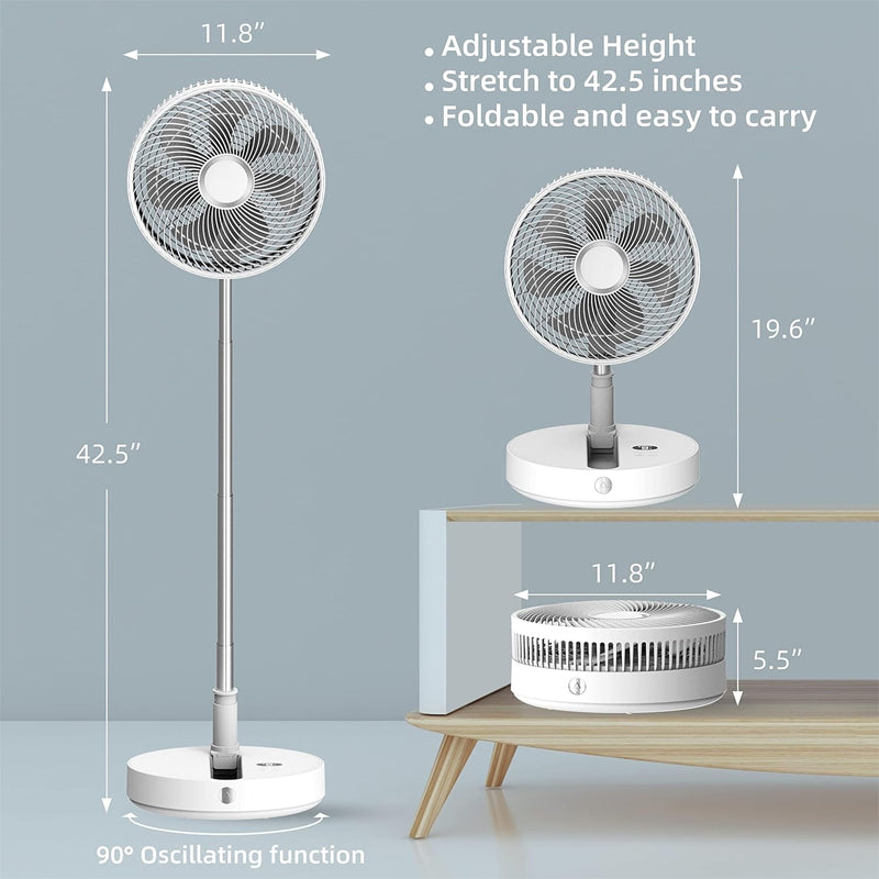 12" Foldable Oscillating Standing Fan 7200mAh Rechargeable Fan Cordless Quiet Folded Rotating Floor Fan