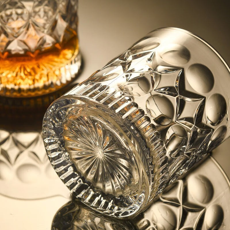 280ml Whiskey Glasses Spirits Shot Glass 2pcs Carved Style Lead-Free Glassware with Heavy Base