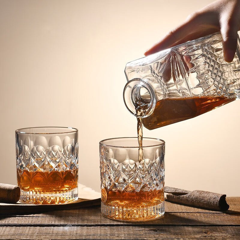 280ml Whiskey Glasses Spirits Shot Glass 2pcs Carved Style Lead-Free Glassware with Heavy Base