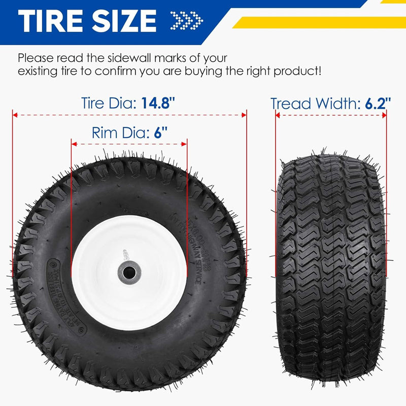 15x6-6" Lawn Mower Tires 2-Pack Pneumatic 4Ply Tubeless Turf Tire for Riding Mowers
