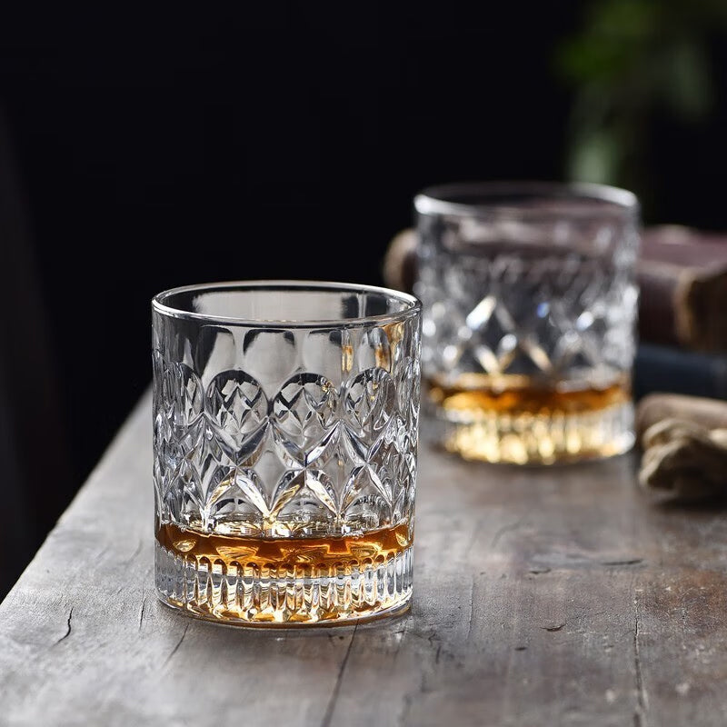 280ml Whiskey Glasses Spirits Shot Glass 2pcs Carved Style Lead-Free Glassware with Heavy Base