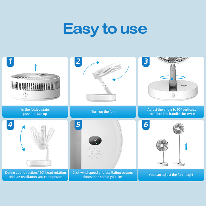 12" Foldable Oscillating Standing Fan 7200mAh Rechargeable Fan Cordless Quiet Folded Rotating Floor Fan
