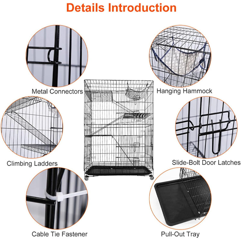 4-Tier Cat Cage 35.43 x 23.62 x 53.15 inch with 360° Lockable Wheels 3 Doors 3 Ladders Hammock