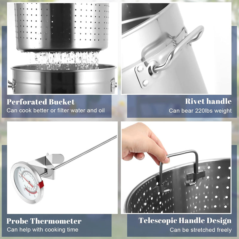 53 Qt Stainless Steel Stock Pot Boil Pot with Basket Injector Thermometer and Gloves